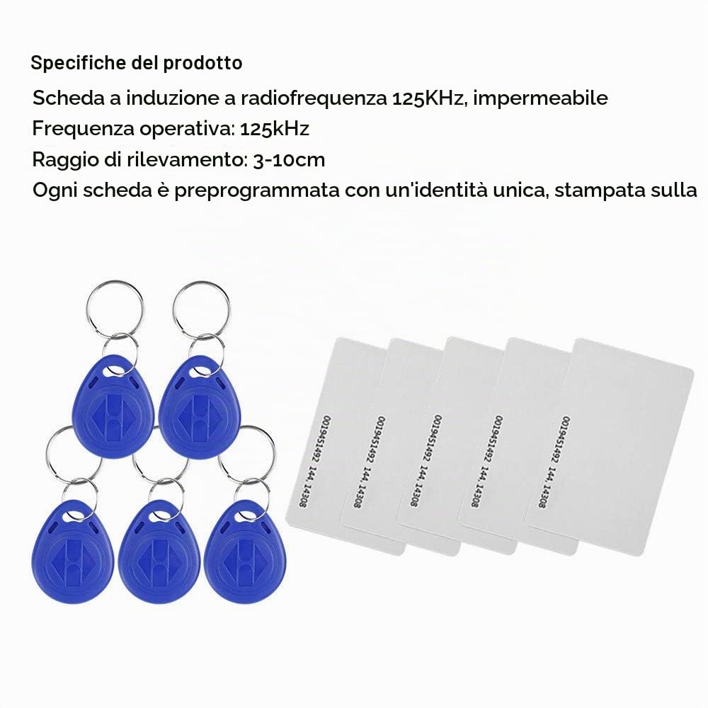 Kit completo di sistema di controllo accesso RFID porta con chiusura magnetica elettrica multifunzione + alimentazione + pulsante di uscita + 10 portachiavi (blocco elettronico)