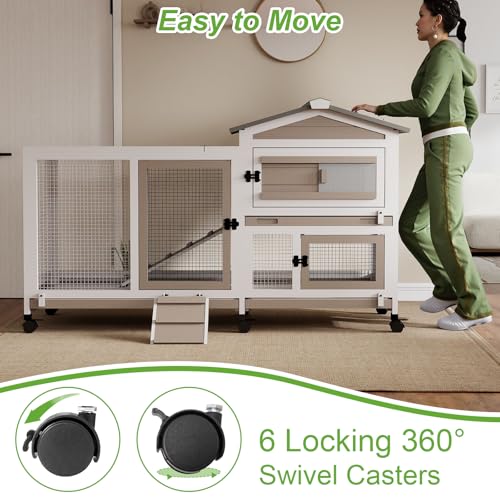 2 Story Rabbit Hutch Outdoor Indoor, Wooden Bunny Cage with 6 Lockable Wheels, 3 Removable No Leakage Pull Out Trays, Chew-Proof Ramp & Waterproof Roof, Ideal for Rabbit & Guinea Pig - Image 3