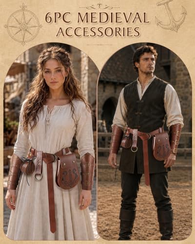 Image of Renaissance Accessories, 6Pcs Medieval Pirate Belt with Pouch & Bracers