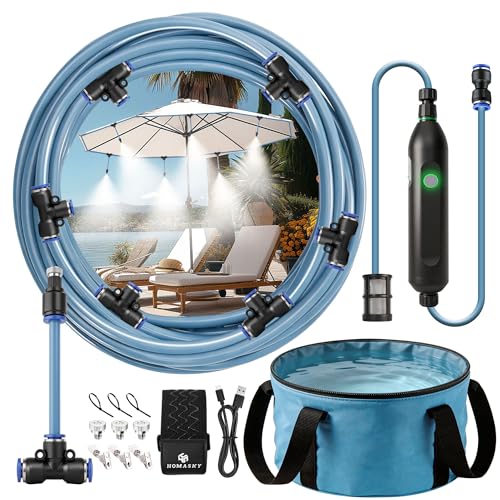 Homasky Portable Misting System for Outdoor Cooling 23 FT Misters for Outside Patio with Rechargeable Pump 30L Water Bag 6 Adjustable Nozzles for Tent Canopy Backyard Umbrella and Camping