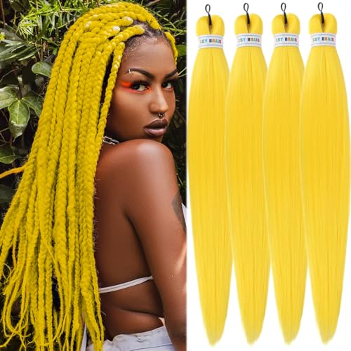 SAISIFEN Braiding Hair Pre-stretched Yaik Straight 4 Pieces/Lot Colored Synthetic Long Hair Extensions Crochet Braids Hair Hot Water Setting 90g/Piece 66 CM/26 Inch Yellow Color