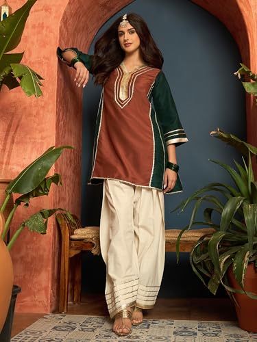 Image of EthnicJunction Women's Cotton Silk gota Patti Work High-Low Kurti with farshi Salwar | Co Ord Set for Women Stylish | Festival wear | Kareena Kappor Kurta Set | Wedding | Ethnic Kurta Set