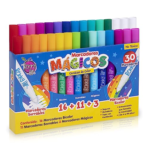 La mejor comparación de Marcadores Top 5. 42 Berry Hip Plumones Mágicos, 30 Marcadores que Cambian de Color y se Borran. Contiene 16 Plumones que Cambian de Color, 11 Marcadores Borrables y 3 Marcadores Mágicos