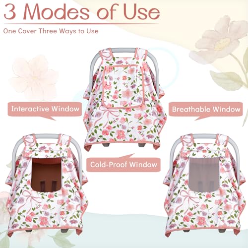 Image of Baby Carseat Seat Cover Girls, Winter Carseat Canopy, Cozy & Warm Cover with Zipper Peep Windows, Infant Minky Carrier Cover, Soft Breathable, Baby Must Have, Pink Bow