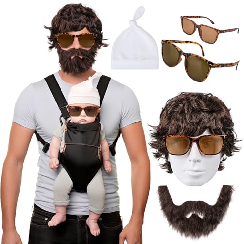 MOVINPE Hangover Accessories Alen Wig Costume Set, Mens Brown Wigs Fake Beard Moustache Baby Hat Sunglasses Halloween Film Character Role-Playing Cosplay Costume