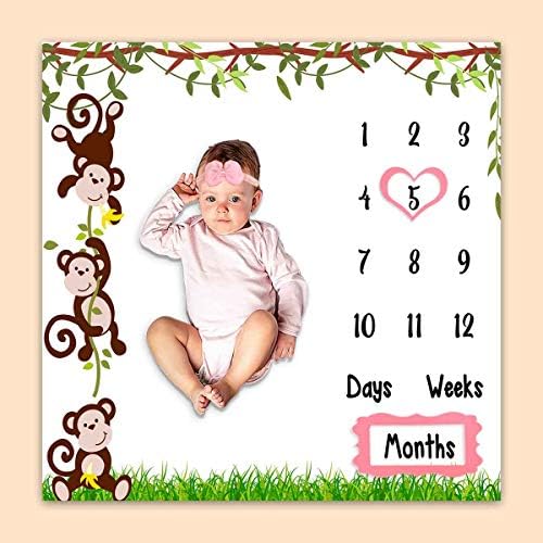 PHMOJEN Baby Monthly Milestone Blanket, Spring Woodland Funny Monkeys Age Blanket for Nursery, Unisex for Newborn 1-12 Months, Includes 4 Frame and 1 Headband 47"x47" BTLSPH448