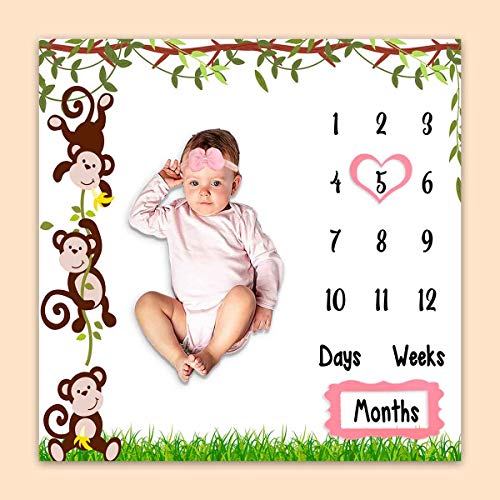 Phmojen Baby Monthly Milestone Blanket, Spring Woodland Funny Monkeys Age Blanket For Nursery, Unisex For Newborn 1-12 Months, Includes 4 Frame And 1 Headband 47"X47" Btlsph448 #TOP23
