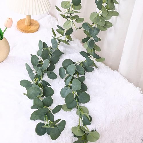 Image of Tdas Artificial Eucalyptus Garland Plant Leaves Hanging Flower Home Decor Faux Silk Leaf Silver Dollar Vines Handmade Greenery Wedding Backdrop Indoor Outdoor Arch Wall Decoration - 1 Pc (Green)