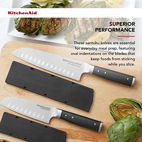 Kitchenaid Gourmet Forged Triple Rivet Santoku Knife Set With Custom-Fit Blade Covers, 7-Inch Santoku Knife, 5-Inch Santoku Knife, 2-Piece Set, High-Carbon Japanese Stainless Steel Blades, Black #TOP2