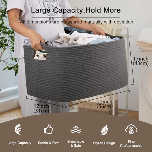 Image of OIAHOMY Large Blanket Basket,Storage Basket with Handle, Blanket Basket for Living Room, Rectangle Woven Cotton Rope Basket for Bedroom, Toy Baskets Organizer Bins, 22 inch x 17 inch x 12 inch in, Dark Grey