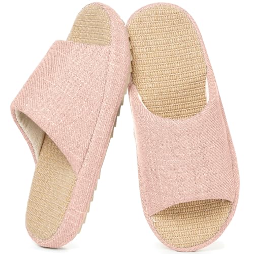 Zapatillas de Estar en Casa Mujer Pantuflas de Lino Antideslizantes Planas Espuma de Memoria Suave Cuatro Estaciones Slippers, Rosa, 36/37 EU, Etiqueta 37 38