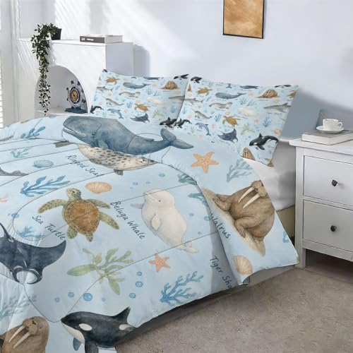 Image of Ocean Animal Comforter Set Queen Sea Creatures Bedding Set for Kids | Cute Watercolor Marine Animal Bedding Set for Boys Girls Teens, 3 Piece Kids Soft Comforter Set Bedroom Decor