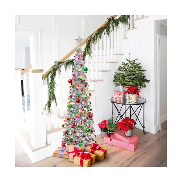 Nt nieting pop up christmas tree with lights 30 balls 5ft collapsible silver mix tinsel christmas tree decorations pencil christmas tree skinny christmas tree for holiday xmas home office decor  urban country home decor