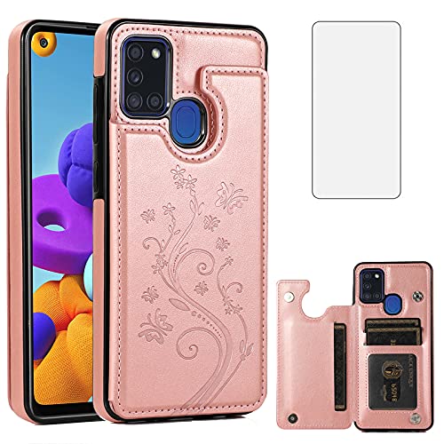 Asuwish Phone Case for Samsung Galaxy A21S with Tempered Glass Screen Protector and Card Holder Wallet Cover Stand Flip Leather Cell Accessories Glaxay Galaxies A 21S Cases Women Girl Rose Gold