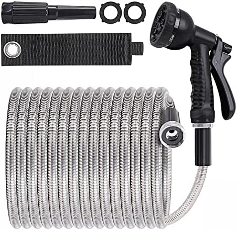 AMLEGEN Metal Water Garden Hose 50ft - Heavy Duty Stainless Steel, 8-Function Sprayer & Adjustable Nozzle, Lightweight & Flexible, Tangle Free & Kink Free, Dog Proof, for Lawn/Yard/Outdoor/RV