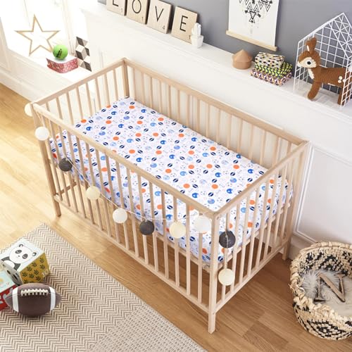 Image of Crib Sheet - 1 Pack Sports Theme Nursery Bedding Sheet - Footballs Printed Standard Size Infant Bed Sheet Basketball Baby Boy Bed Linens for Crib by UOMNY