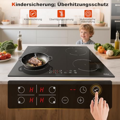 Hobsir Induktionskochfeld mit Stecker 4 Zonen, Einbau Kochfeld Induktion 60cm Induktionsplatte, 3500W, Touch-Bedienung, 9 Leistungsstufen, Sicherheitsschloss, Timer