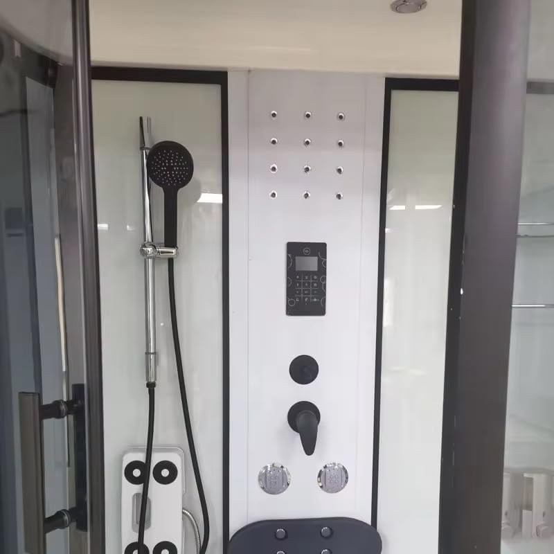 Luxury Steam Shower Cabin with LED Lighting, Digital Control Panel, Massage Jets, Curved Glass Design, White and Black
