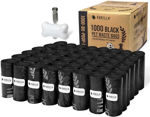 GORILLA SUPPLY Dog Poop Waste Bags with Dispenser and Leash Tie, 9″ x 13″, Black, 1000 Count GORILLA SUPPLY Dog Poop Waste Bags with Dispenser and Leash Tie, 9″ x 13″, Black, 1000 Count