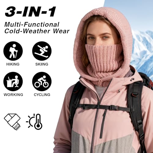 TAGVO Strickmütze Damen Thermo Winter, Multifunktional Winddicht Slouch Strickmütze Beanie mit Extra Langer und Dicker Schal, Elastisch Atmungsaktiv Sturmhaube Fahrrad Skimaske für Frauen Outdoor
