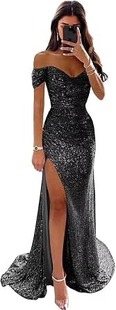 Mermaid Off the Shoulder Sequins Prom Dress with Slit LBQ3695