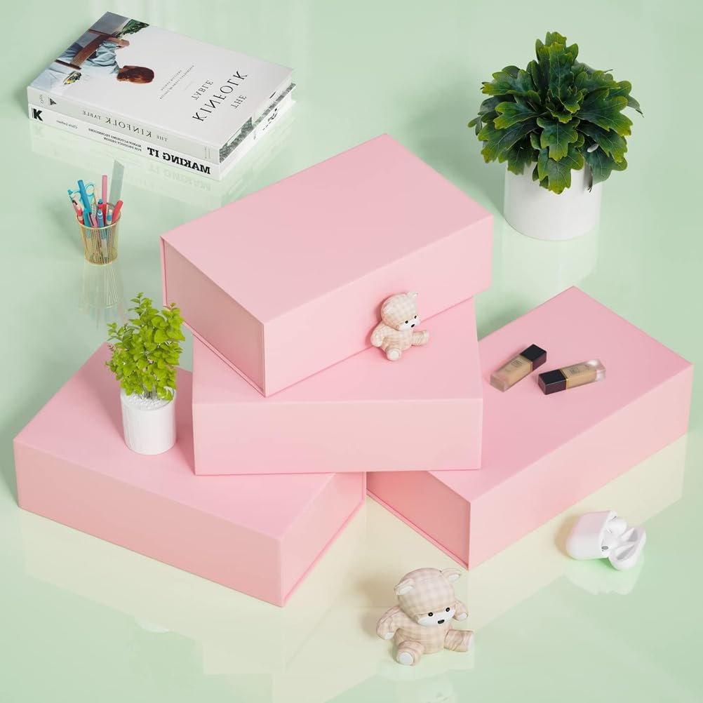 Confezione da 8 Scatole Regalo Rosa, Scatole Regalo 26X19x8 Cm con Coperchio E Chiusura Magnetica Scatole Rettangolari Pieghevoli per Matrimoni, Natale, Halloween, Regali di Compleanno