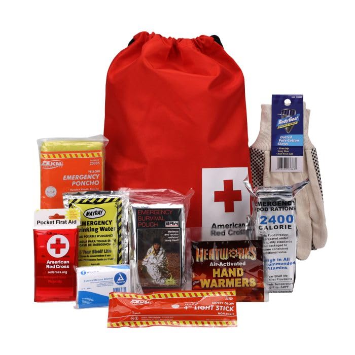 American Red Cross Officially Licensed Product, Car First Aid Survival Kit for Winter, 27 Piece Emergency Medical Supplies to Clean and Treat Minor Injuries, Keep Warm, and Signal for Help
