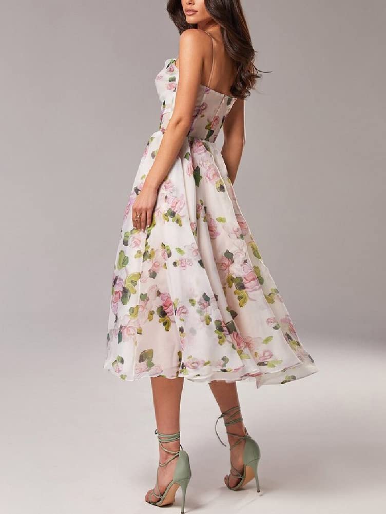 ORANDESIGNE Vestido de Flores Vintage para Mujeres Vestido de Espagueti sin Mangas de Fiesta Rockabilly Vestido Midi de Cóctel Columpio Boda Bola