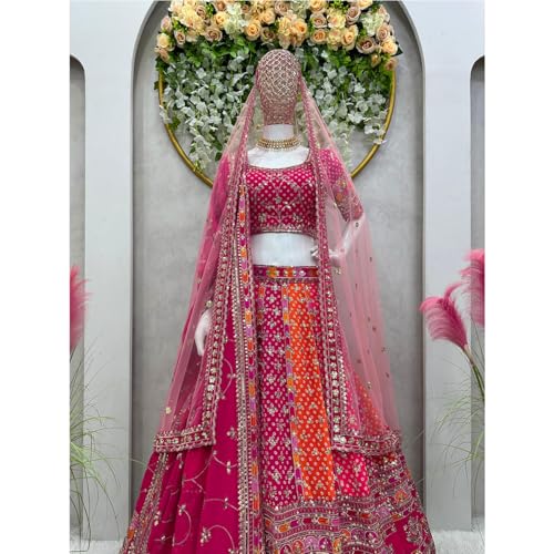 Image of Women's Satin Blend SF108549 Diwali Outfit Bridal Orange Indian Casual Wear Semi-stiched Lehngacholi