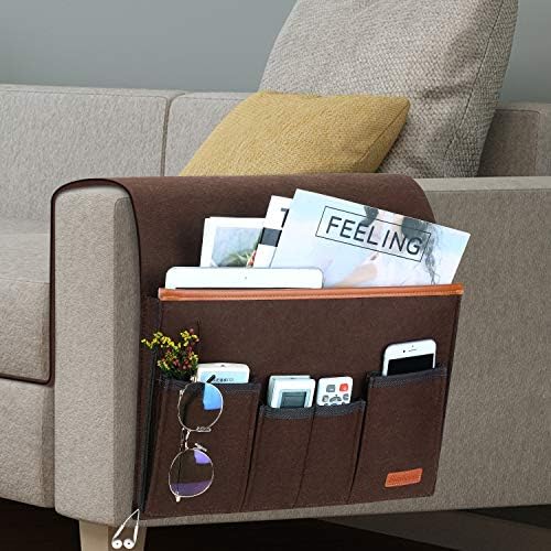 Sofa Organiser Caddy Remote Control Holder, Simboom Armchair Bag 5 Pockets for Magazine, Tablet, Phone, Earphone and Pens, Non-Slip with Long Flap and Hook and Loop - Coffee