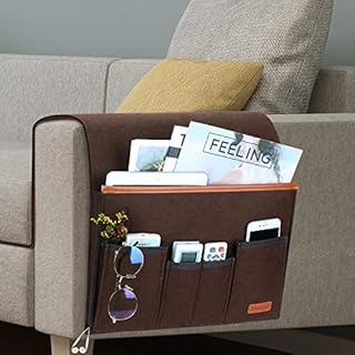 Sofa Organiser Caddy Remote Control Holder, Simboom Armchair Bag 5 Pockets for Magazine, Tablet, Phone, Earphone and Pens, Non-Slip with Long Flap and Hook and Loop - Coffee