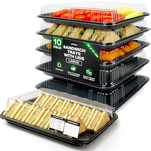 10 Pack Sandwich Platter Trays with Lids – Reusable Catering Food Trays for Parties, Buffets, Sushi, Sandwiches, Cake & Meal Prep (45cm × 31cm × 7.5 cm) option