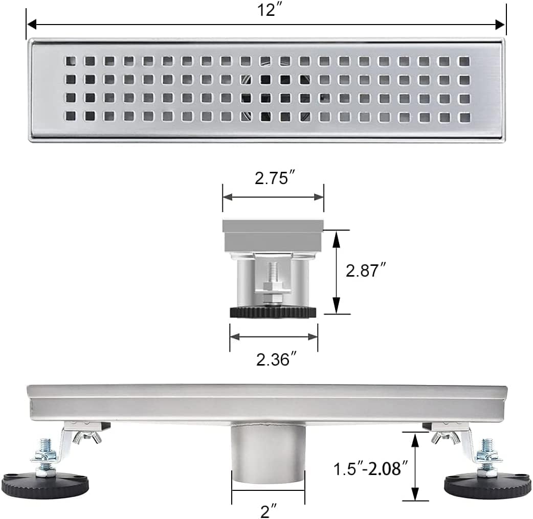 Linear Shower Drain, 12 inch Drain with Removable Grate Cover, Brushed 304 Stainless Steel Shower Floor Drain, Linear Drain with Hair Strainer and Adjustable Feet