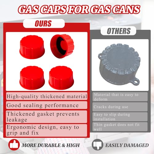 4 PACK Gas Can Cap with Sealing Gasket Fit for 1 2 3 and 5 Gallon Cans Coarse Thickened Thread Multi-function Replacement Cover Leakage Prevention Fuel Can Lids Convenient Installation Red