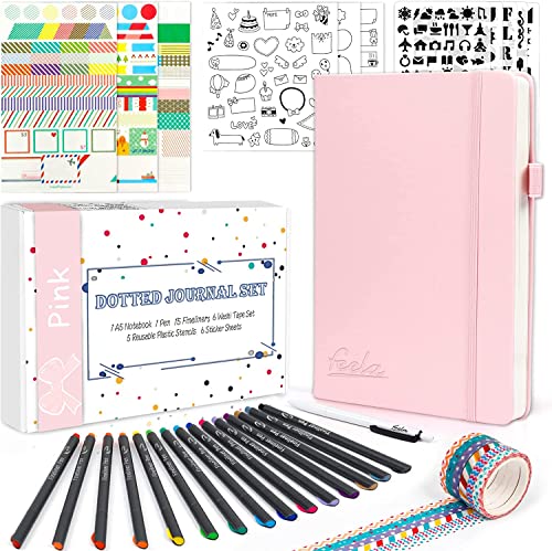 feela - feela Carnet de Notes A5 Pointillé, Kit Bullet Journal avec Fournitures Journaling Pochoirs Stickers Stylos, Couverture Rigide, Carnet de Notes Medium (A5) pour Notes, Journal Intime, 244 Pages, Rosé