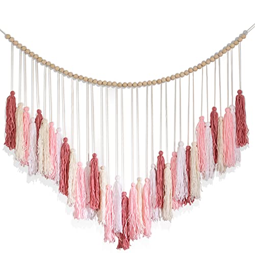 Image of Boho Macrame Wall Hanging,Large Blush Pink Cotton Tassel Garland,Colorful Birthday Decor,Party Backdrop Christmas Decor for Bedroom,Nursery,Play Room,Baby Shower,Girls Room Decor