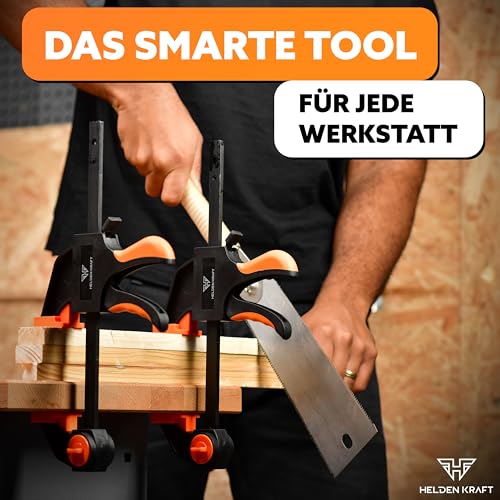 HELDENKRAFT® Einhandzwinge [2 Stück] - Zwingen Set mit hochwertigen Klemmen zum Spannen [bis 300mm] & Spreizen [155-500mm] - ergonomische Klemmzwingen mit einer Spannkraft bis 70 kg