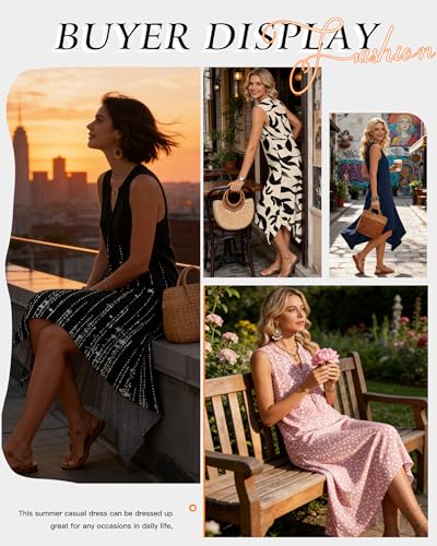Image of AUSELILY Womens Summer Midi Dress V Neck Sleeveless Casual with Pockets | Flowy womens summer dress with asymmetrical hem, great for beach, vacation and daily wear