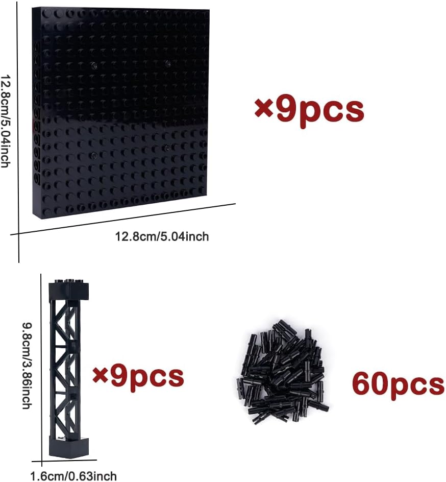 Brick 16x16 Plate 1/3 with Holes,Pins Suppor Pillar Accessories Pack,Pixel Art Painting Base Classic Building Block Bulk Parts and Pieces Sets - Compatible with 65803(Black)
