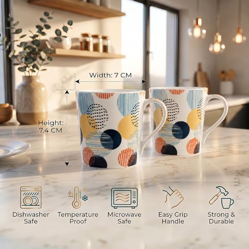 Image of UPC Coffee Mug Set of 6 | White Abstract Polka Dot Print | Navy Blue Yellow & Orange Multicolour Circle Pattern | Bone China Tea & Coffee Cups | Microwave Safe | Home & Kitchen