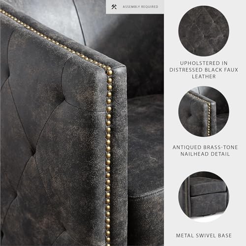 Image of Signature Design by Ashley Swivel Black Faux Leather Accent Chair | Elegant tufted faux leather with brass nailheads, Hidden metal swivel base for effortless conversation, Brentlow Series