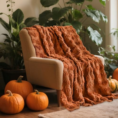 Fall Halloween Pumpkin Throw Blanket - 50x60 Rust Red 3D Pumpkin Printed Blankets for Women Cozy Faux Fur Flannel Fleece Blanket Fall Gift Aesthetic Decor for Mom Sofa Bed Chai Bedding Living Room