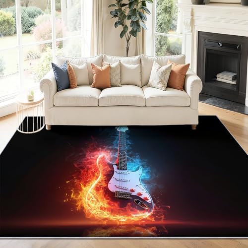 Alfombra Salon 90 x 150 cm Antideslizante Alfombras Lavables en Lavadora Habitacion Dormitorio Llamas de Guitarra de Arte Pop Comedor Modernas Tapete Quarto Pelo Corto Color