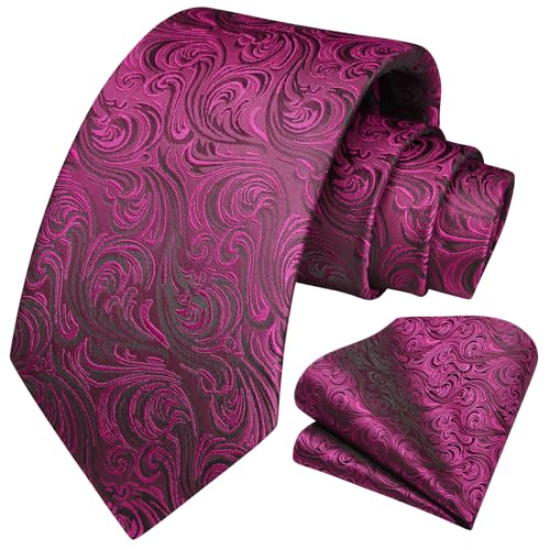 Image of HISDERN Extra Long Ties for Men Classic Floral Tie and Pocket Square Elegant Silk Necktie Handkerchief Set Wedding Party