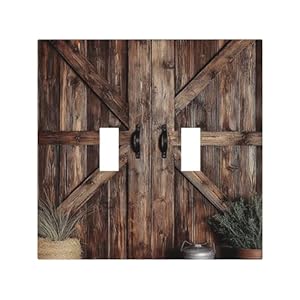 Decorative Switch Plate Cover with Rustic Barn Door Vintage Weathered Wood Texture Design 2 Gang Wall Plate Unique Double Toggle Double Light Switch Covers for Farmhouse Kitchen Decor