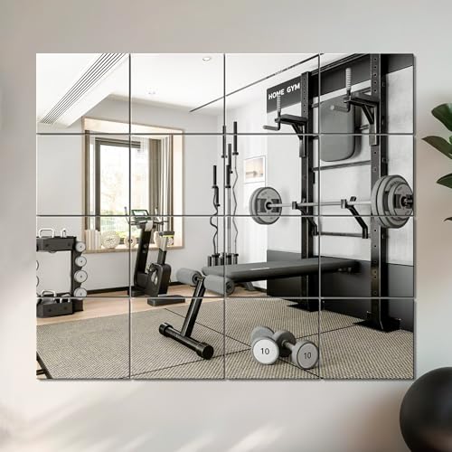 FICTOR Home Gym Mirror Tiles, 14"x12"x16PCS Workout Mirrors for Wall, Full Length Frameless Glass Mirror Squares for Garage, Dance, Yoga, Bedroom, Living Room