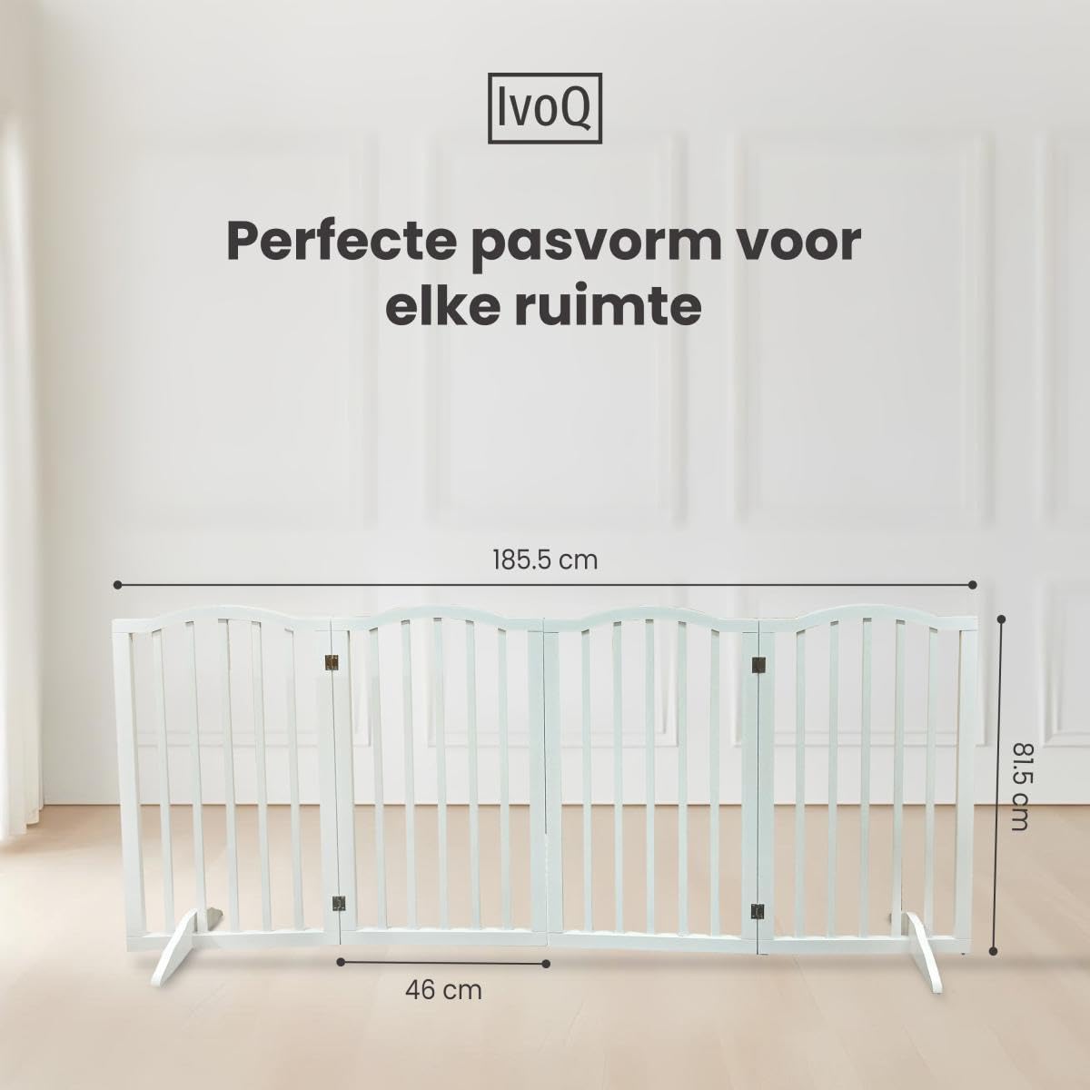 Recinzione di sicurezza pieghevole in legno per animali domestici, griglia autoportante senza fori, 4 pannelli (46-185,5 cm) - MDF bianco, barriera per cani e gatti per porta, corridoio o cucina