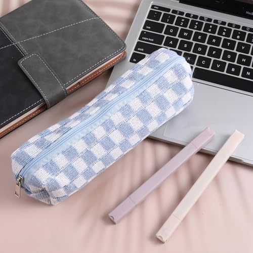 Image of Pencil Case Bible Pencil Pouch Portable Pen Case Aesthetic Lightweight Cute Pen Bag Foldable Plaid Design Storage Bag Fit for Storing Press Pens Makeup Brushes Eyeliners and Small Office Items (Blue)