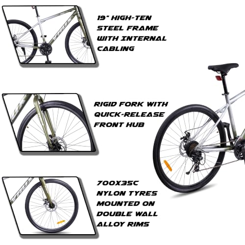 Image of Vaux City-Pro 700C Hybrid Cycle for Men with Gears|21 Speed Shimano Gears| 19 Inch HI-Ten Steel Frame| Dual Disc Brakes| 700x35C Tyres|Double-Wall Alloy Rims (Silver-Green, Multispeed, Rigid Fork)