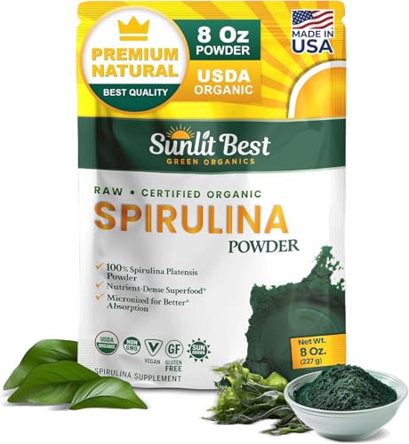 Sunlit Best Spirulina Powder Organic USDA - Chlorophyll Fast Absorption Blue-Green Spirulina Algae Raw Vegan Protein - Non-GMO Gluten Free Superfood Energy Gut Immune Support Supplement - 8 Oz